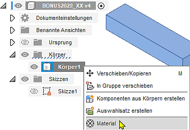 Software CAD - Fusion-Tutorial - BONUS - Basiselement - Koerper-Kontextmenue Material.gif