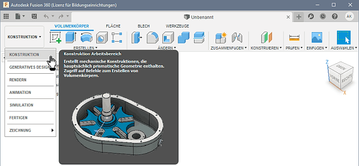 Software CAD - Tutorial - Analyse - Fusion 360 - Arbeitsbereiche.gif